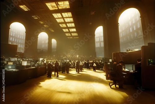 3D render view of the interior of the American Stock Exchange of Wall Street of New York City in Manhattan. Computers and screens to monitor the Stock Exchange markets of the world and trade are seen.