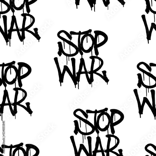 Seamless pattern of sprayed stop war font in black over white. Vector illustration template