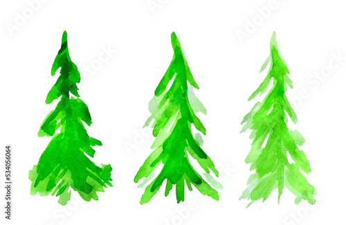 A set of a green pine tree in aquarelle brush.
