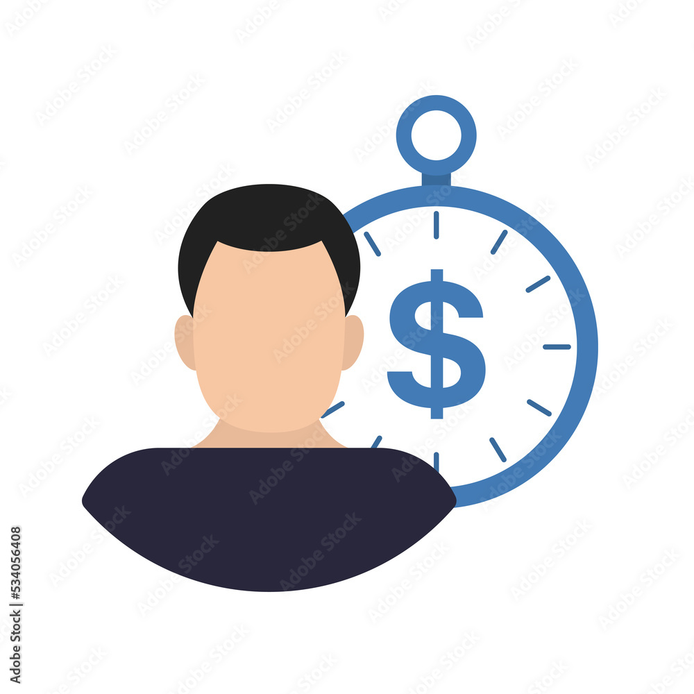 Man, time and money in the background. web icon. Vector illustration Man, time and money in the background. web icon. Vector illustration