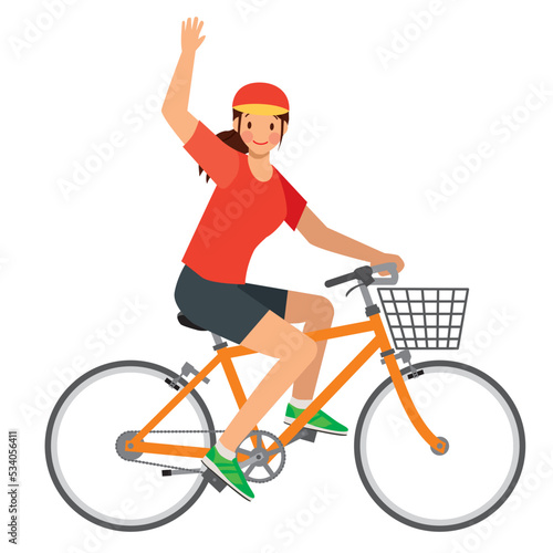 自転車に乗って手を振る笑顔の8等身アジア系女性のイラスト　自転車通勤　健康増進　エコロジー