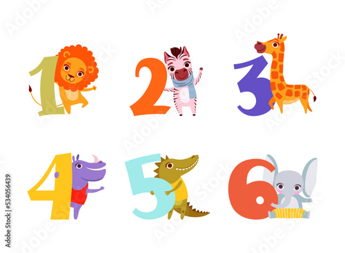Fototapeta Naklejka Na Ścianę i Meble -  Numbers and cute animals set. Birthday anniversary numbers with lion, zebra, giraffe, hippo, crocodile, elephant cartoon vector illustration