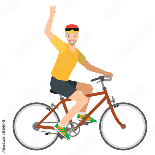 自転車に乗って手を振る笑顔の高齢8等身白人系男性のイラスト 自転車通勤 健康増進 エコロジー