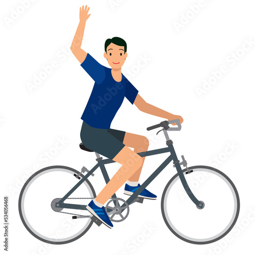 自転車に乗って手を振る笑顔の8等身アジア系男性のイラスト 自転車通勤 健康増進 エコロジー