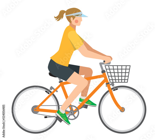 自転車に乗る8等身白人系女性のイラスト　自転車通勤　健康増進　エコロジー