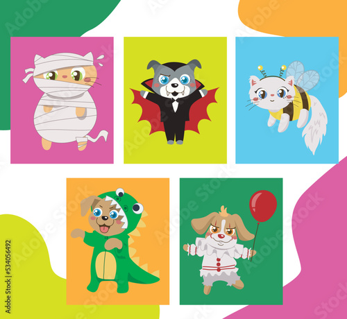 Fototapeta Naklejka Na Ścianę i Meble -  Halloween flashcard with cute animals. Ready to print. Printable game card. Educational card for preschool. Vector illustration.