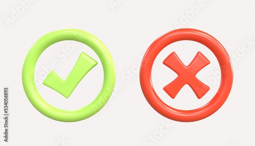 3D cross check mark, tick mark glossy round icon. Realistic render cancel, correct sign visualization. Agreement success, disapprove box. Error, done. 3d rendering interface approve , decline button