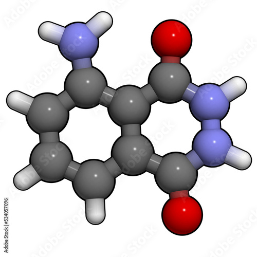 Luminol chemiluminescent molecule. Used to detect blood at crime scenes. 3D rendering. Atoms are represented as spheres with conventional color coding. photo