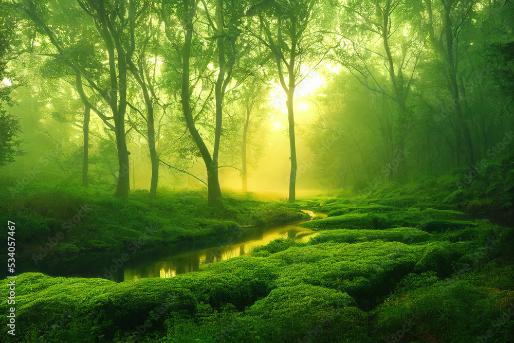 Naklejka premium Green forest landscape in warm sunlight
