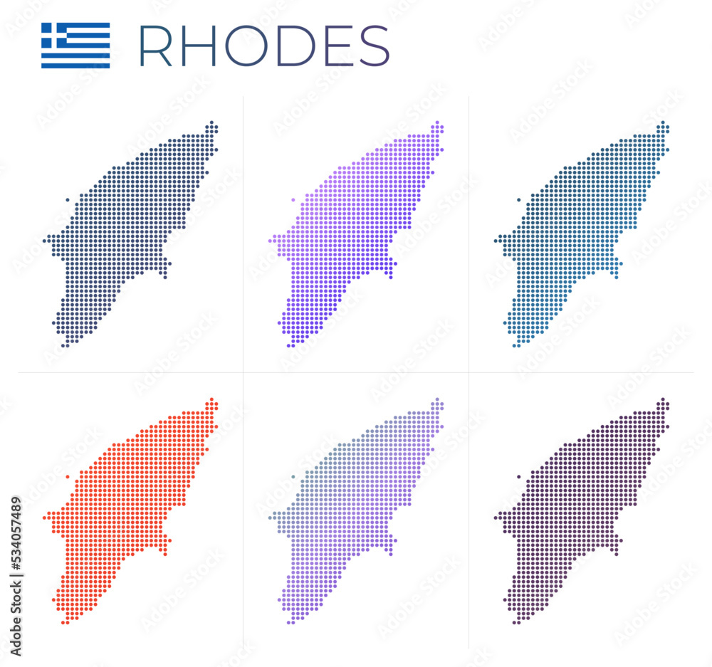 Fototapeta premium Rhodes dotted map set. Map of Rhodes in dotted style. Borders of the island filled with beautiful smooth gradient circles. Amazing vector illustration.