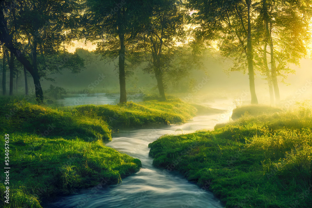 Green forest and forest stream at sunset