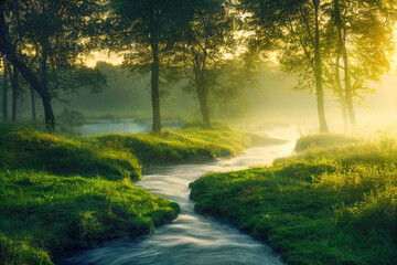 Keuken achterwand Bosrivier Bosbeek bij zonsondergang in groen  © eyetronic