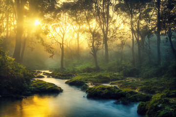 Keuken achterwand Bosrivier Zonlicht in groen bos met beek  © eyetronic