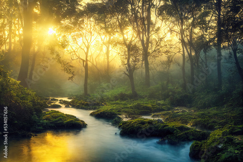 Fotografie, Tablou Green forest in sunlight with forest stream