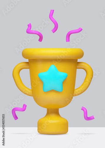 Vector 3d realistic illustration of the award, a yellow cartoon cup with a star and purple tinsel