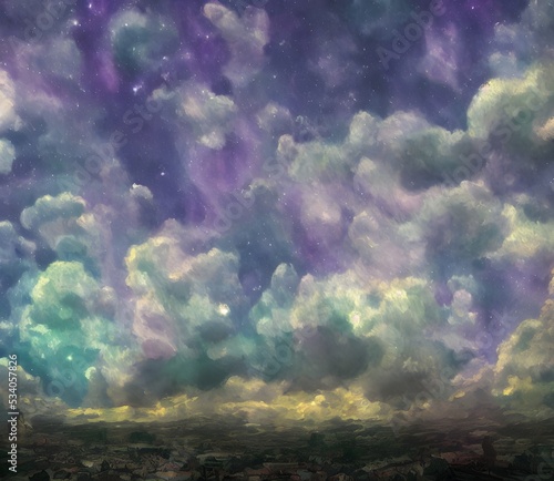Perfect beautiful 3d illustrataion of sky with fluffy clouds in Van Gogh style. High quality  © WabiSabi vibes