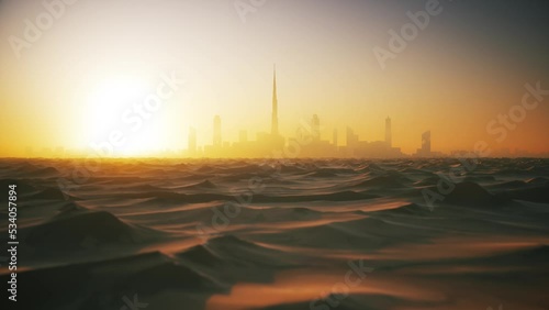 City silhouette at the desert. Silhouette Dubai city at the sunset. 3d visualization