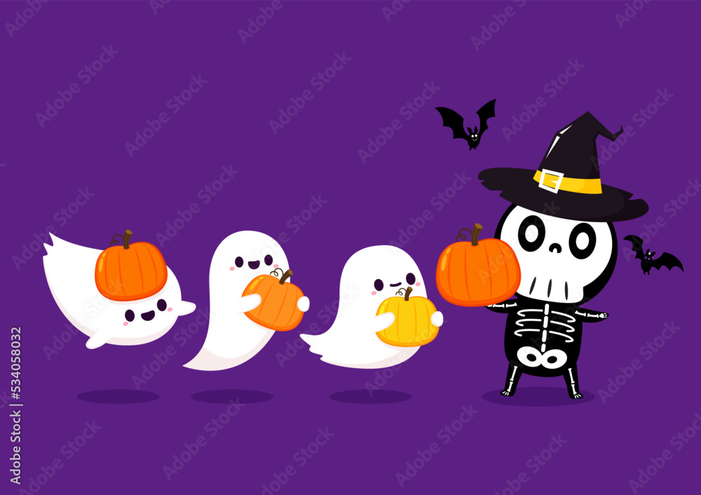 Cute halloween skeleton and Ghost cartoon. Skeleton in halloween day. Halloween character cartoon. Happy halloween greeting card. Cute halloween skeleton and Ghost cartoon. Skeleton in halloween day. Halloween character cartoon. Happy halloween greeting card.