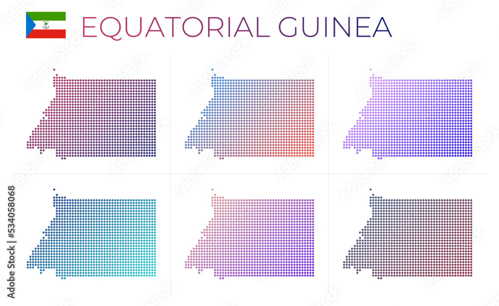 Equatorial Guinea dotted map set. Map of Equatorial Guinea in dotted style. Borders of the country filled with beautiful smooth gradient circles. Modern vector illustration.