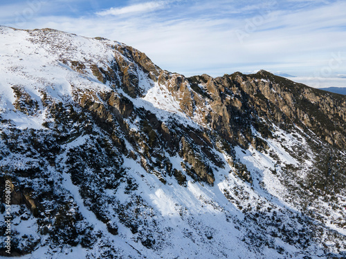 Aerial winter view of Rila Mountain near Malyovitsa peak, Bulgaria