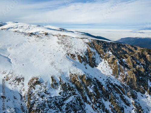 Aerial winter view of Rila Mountain near Malyovitsa peak, Bulgaria