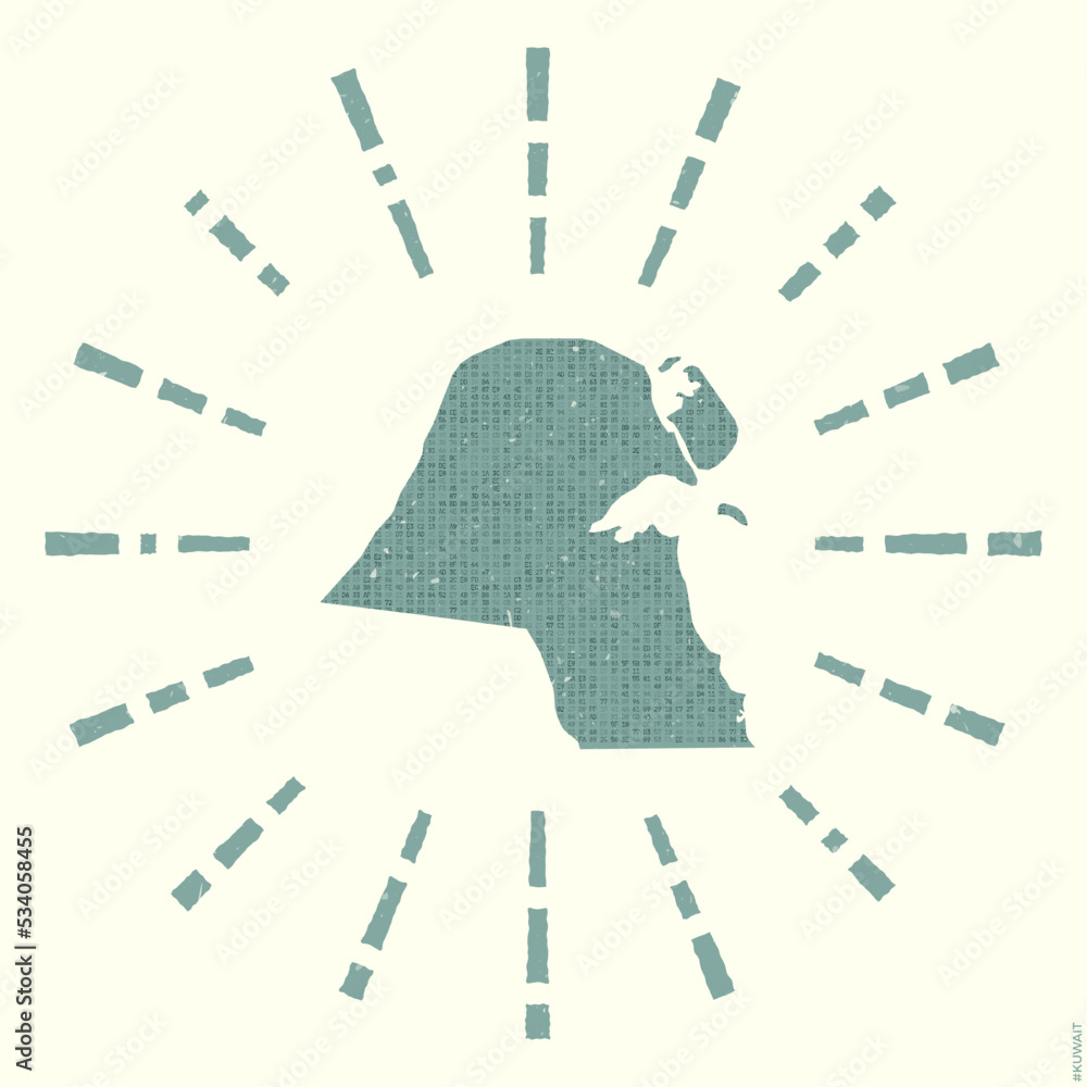 Kuwait Logo. Grunge sunburst poster with map of the country. Shape of ...