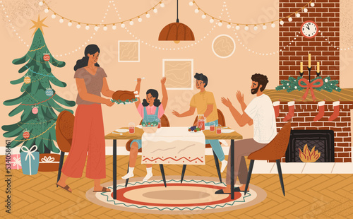 Family Christmas dinner at home, vector illustration. People sitting at festive served decorated table. Merry christmas and new year holiday celebration party