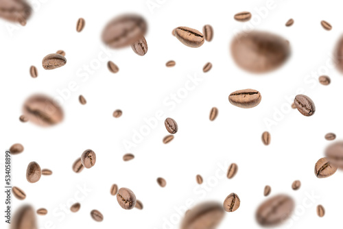 Coffee beans flying background. Black espresso grain falling on white. Rustic coffee bean fall isolated. Represent breakfast  energy  freshness or great aroma concept.