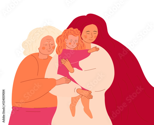 Grandmother hugs his adult daughter. A young woman holds her little daughter in her arms.