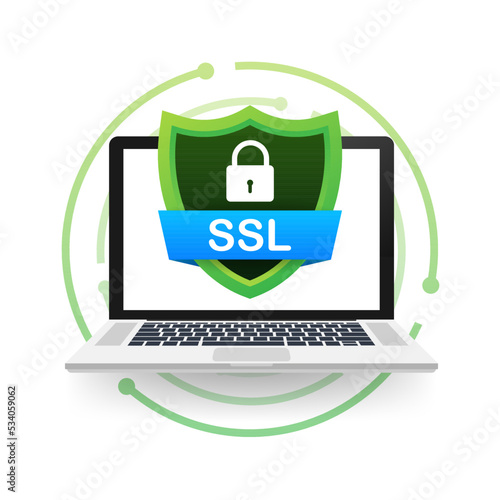 Secure connection icon vector illustration isolated on white background, flat style secured ssl shield symbols.