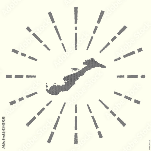 Amorgos Logo. Grunge sunburst poster with map of the island. Shape of Amorgos filled with hex digits with sunburst rays around. Captivating vector illustration.