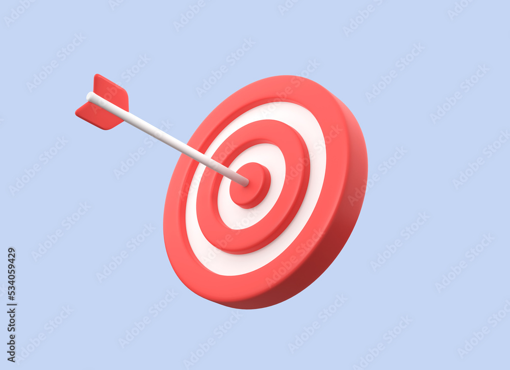 3d arrow hit the center of the target in a minimalistic style. business or goal achievement concept. illustration isolated on blue background. 3d rendering