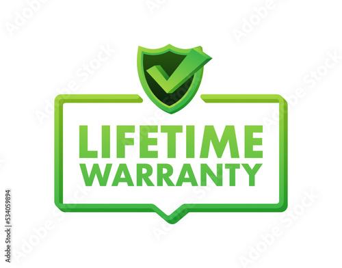 Flat banner with red lifetime warranty. Flat vector illustration character