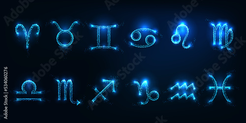 Futuristic set of 12 zodiac sign glyphs in glowing low polygonal style on dark blue background