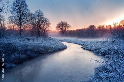 Snowy winter landscape at sunset