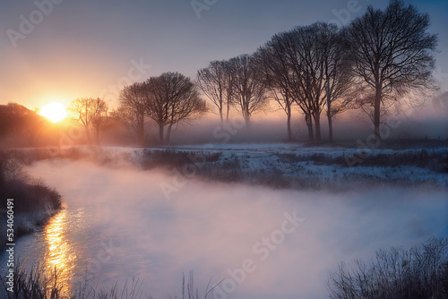Foggy winter landscape at sunrise 