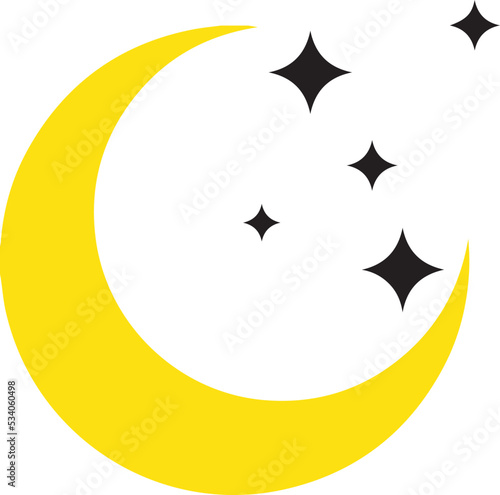 moon stars icon. Moon star night sign. Crescent moon with stars at night, evening or nighttime flat vector icon. Minimalist style. Element of travel icon