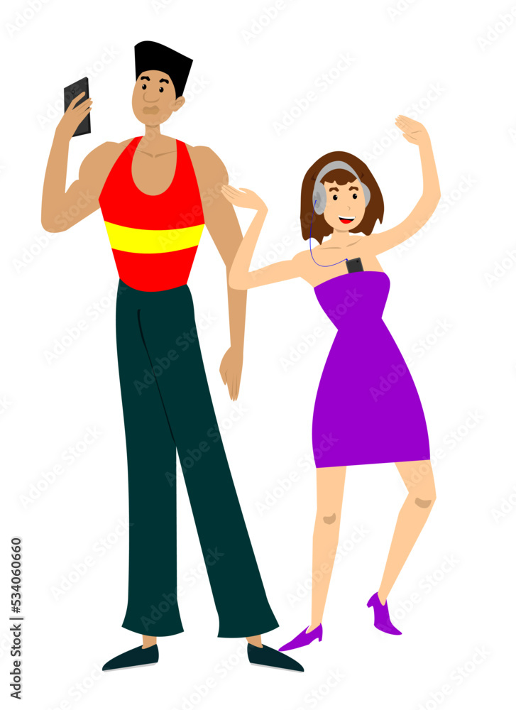 Vector illustration of a tall black man with cellphone in hand and a girl listening to music and dancing with headphones. art, drawing, people. Vector illustration of a tall black man with cellphone in hand and a girl listening to music and dancing with headphones. art, drawing, people.