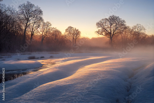 Snowy winter landscape at sunrise