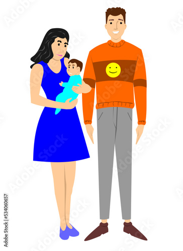 Vector illustration of a man and woman couple with a baby. art, drawing, people.