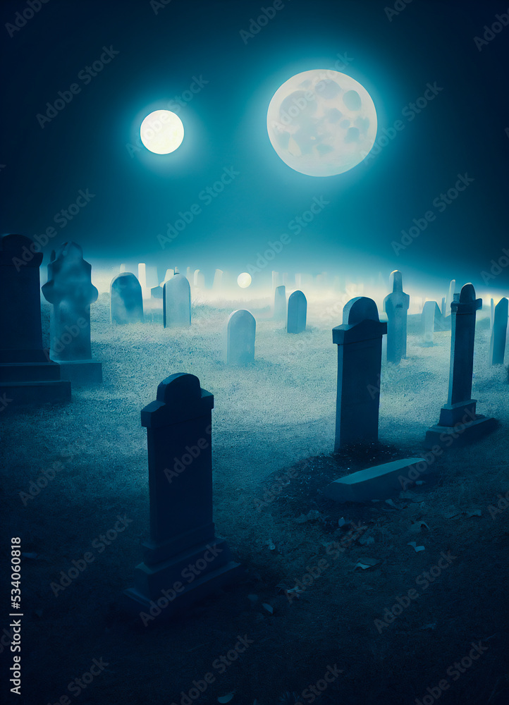 Scary image of an abandoned cemetery, gloomy and gothic graves, night with full moon, cold and ghostly atmosphere
