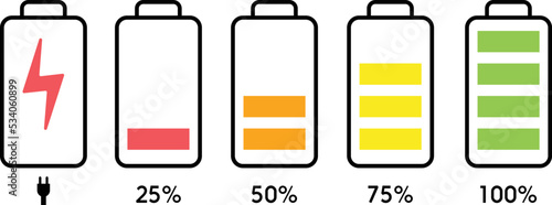 battery icon set. battery charger icon. battery charge level. battery level icon, energy icon design. Discharged and fully charged battery smartphone