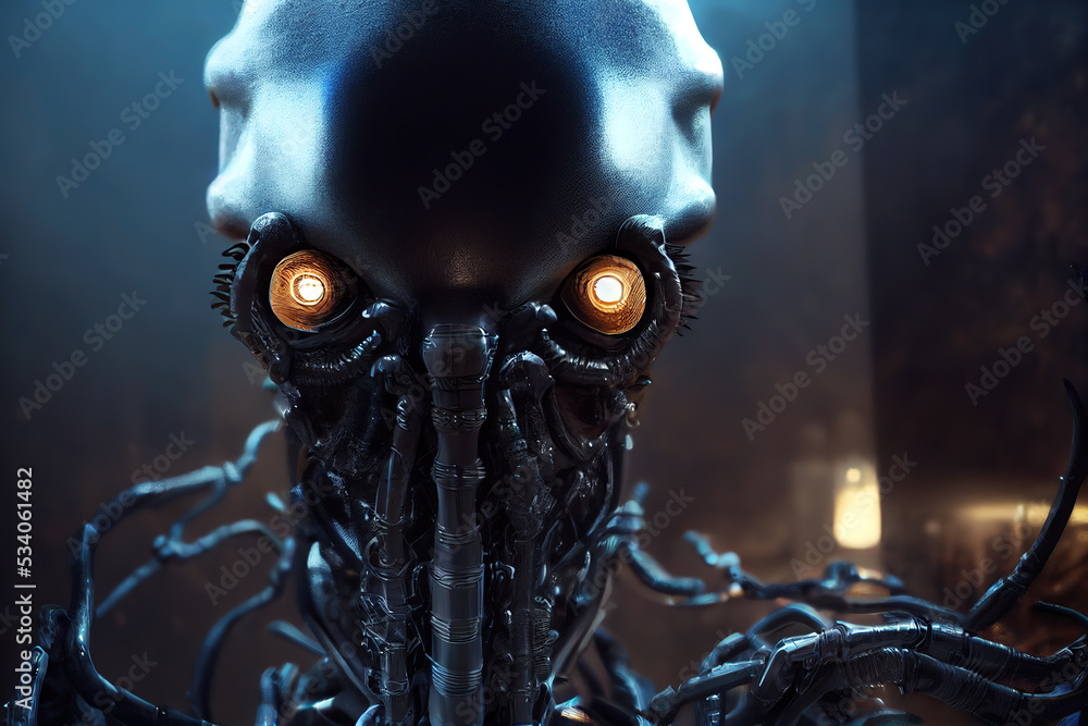 3 D render. Alien warrior, biomechanical creatures, cyborg, robot. Futuristic space portal hero 3 D render. Alien warrior, biomechanical creatures, cyborg, robot. Futuristic space portal hero