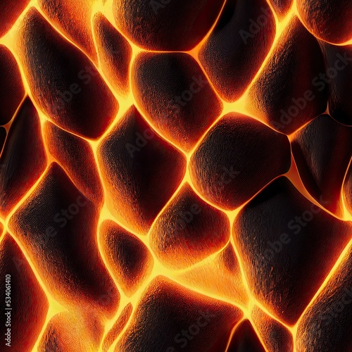 A path of fiery stones on a lava texture background and tile template. close-up shot of fire stones of lava. The dragon scales of fire background. 3D illustration for games design.
