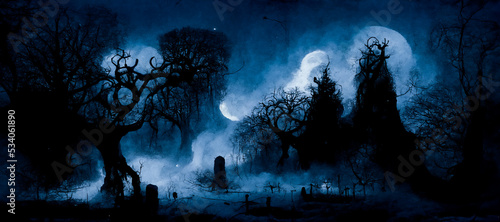 Old, eerie and abandoned cemetery, lit by the full moon, with ancient tombs, Halloween night with creepy shadows and mysteries