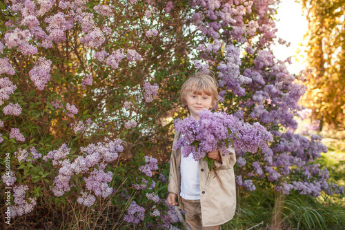 A little stylish boy dressed in a beige coat walks among flower trees in spring and holds a bouquet of purple flowers in his hands © Вероника Зеленина