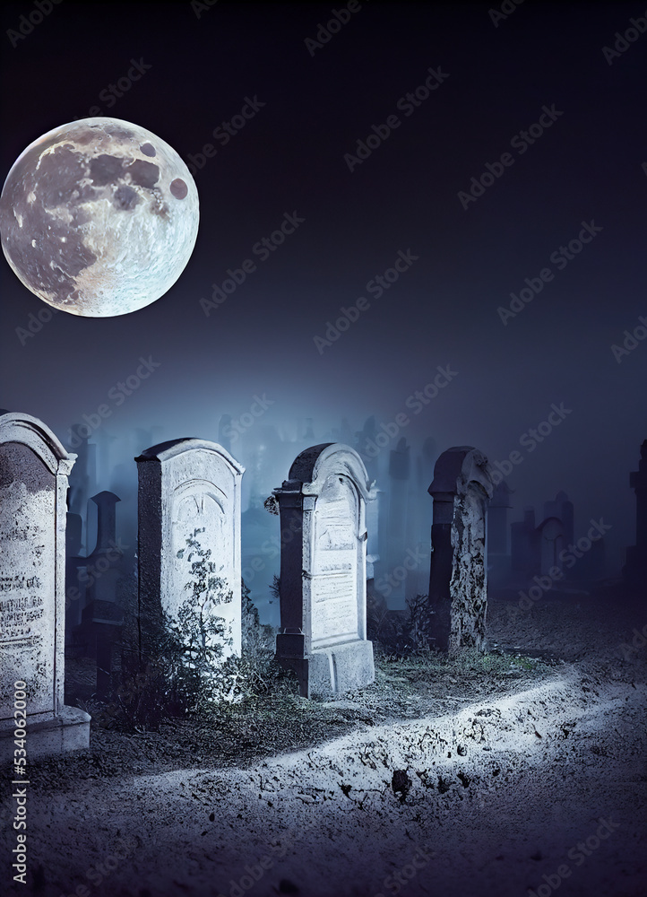 Old, eerie and abandoned graveyard, lit by the full moon, with ancient tombs, Halloween night with creepy shadows and mysteries