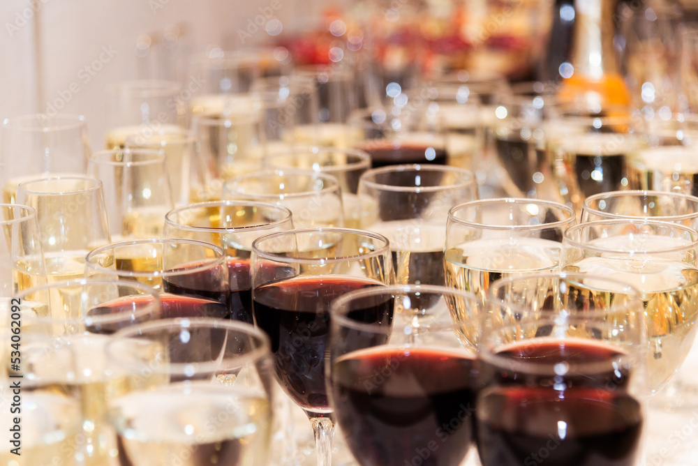 Glass goblets with wine at an event close-up