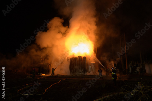 Fire at a transformer substation after being hit by a missile 