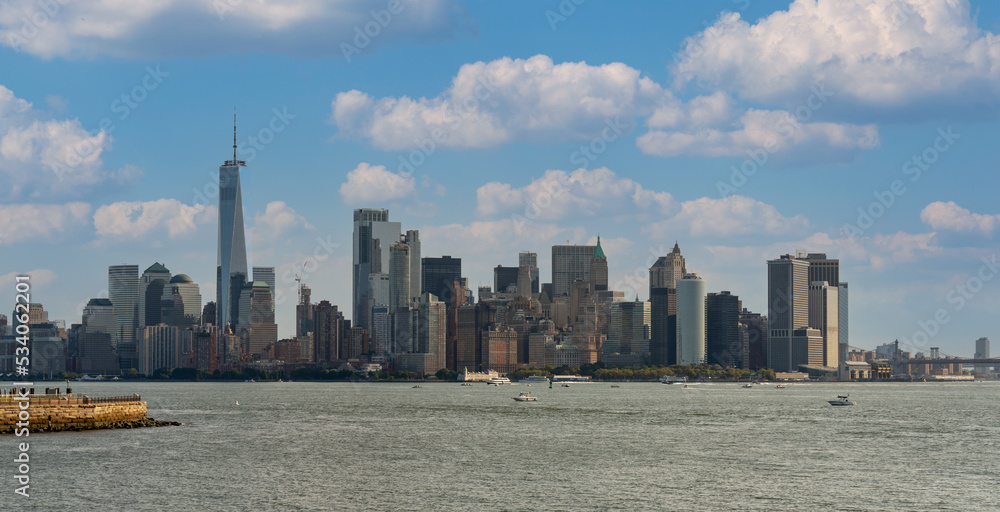 View on Liberty Island overlooking downtown Manhattan, New York, USA